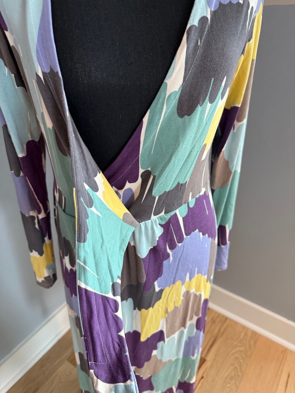 Boden Multi-Color Wrap StylebMidi Dress in Purple, Yellow, Green - Picture 5 of 5